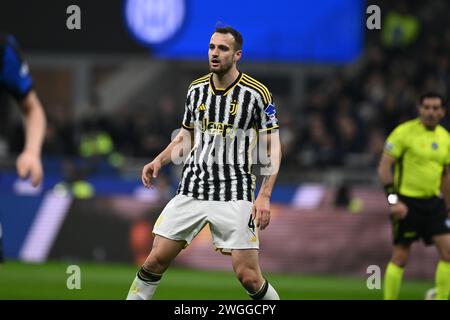 Mailand, Italien. Februar 2024. Federico Gatti (Juventus) beim italienischen Spiel der Serie A zwischen Inter 1-0 Juventus im Giuseppe Meazza Stadion am 4. Februar 2024 in Mailand. Quelle: Maurizio Borsari/AFLO/Alamy Live News Stockfoto