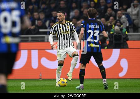 Mailand, Italien. Februar 2024. Filip Kostic (Juventus) während des italienischen Spiels der Serie A zwischen Inter 1-0 Juventus im Giuseppe Meazza Stadion am 4. Februar 2024 in Mailand. Quelle: Maurizio Borsari/AFLO/Alamy Live News Stockfoto