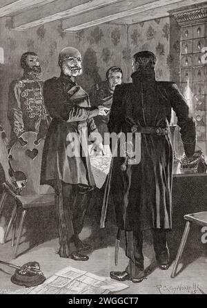 Wilhelm I. sah hier am Vorabend der Schlacht von Königgrätz, auch bekannt als Schlacht von Sadowa, 2. Juli 1866. Wilhelm I. oder Wilhelm I., 1797–1888. König von Preußen vom 2. Januar 1861 und deutscher Kaiser vom 18. Januar 1871 bis 1888. Unter dem Bild stehen die Worte: "Wenn dieser General" sagte der König, "es für angebracht hält, anzugreifen, komm zu mir zu jeder Stunde der Nacht, und du wirst mich bereit finden mit den notwendigen Anweisungen." From the London Illustrated News, veröffentlicht am 26. März 1887. Stockfoto