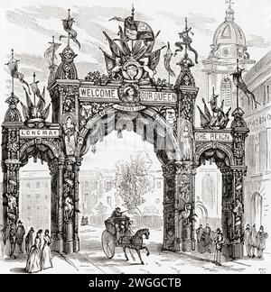 The Metal Workers' Arch in der Colmore Row, Birmingham, West Midlands, England. Der Bogen wurde an der Colmore Row errichtet, um Königin Victoria am 23. März 1887, dem Jahr des Goldenen Jubiläums, in Birmingham zu besuchen. From the London Illustrated News, veröffentlicht am 26. März 1887. Stockfoto