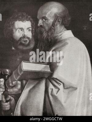 Detail der vier Apostel 1526, St. Johannes und St. Peter, St. Paul und St. Markus, hier gesehen St. Mark hält einen Bildlauf und St. Paul hielt ein Schwert und schloss ein Buch, nach einem Werk von Albrecht Dürer, 1471–1528, manchmal auf Englisch als Durer geschrieben. Deutscher Maler, Printmacher und Theoretiker der deutschen Renaissance. Aus Albrecht Dürer, sein Leben und eine Auswahl seiner Werke oder sein Leben und eine Auswahl seiner Werke, veröffentlicht 1928. Stockfoto