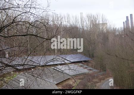 Grevenbroich, Deutschland. Februar 2024. Photovoltaikanlage des Energieunternehmens RWE am Neurath-See bei Grevenbroich. Im Hintergrund ist das Kohlekraftwerk Neurath zu sehen. Quelle: Florian gut/dpa/Alamy Live News Stockfoto