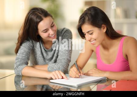 Privatlehrer unterrichtet einen Schüler, der Notizen zu Hause erklärt Stockfoto