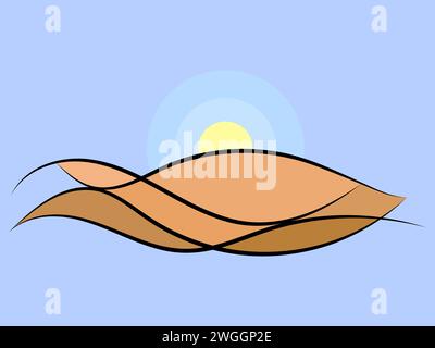 Berglandschaft im Stil von Line Art. Minimalistischer Sonnenuntergang in den Bergen, Sonne über den Bergen. Boho-Einrichtung für Drucke, Poster und Inneneinrichtung. Moderne M Stock Vektor