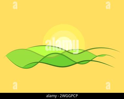 Landschaft mit grünen Hügeln und Sonne im Stil der Linienkunst. Modernes Sonnenaufgangsdesign mit grünen Wiesen. Sonnenaufgang über grünen Feldern. Design für Poster, Drucke und Stock Vektor