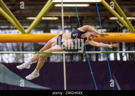 München, Deutschland. Februar 2024. Line Gretzler (USC Mainz); Sueddeutsche Hallenmeisterschaften Aktive und Jugend U18 in der Werner-von-Linde-Halle in München am 04.02.2024, (Bayern). Quelle: dpa/Alamy Live News Stockfoto