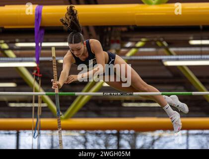 München, Deutschland. Februar 2024. Lotte Gretzler (USC Mainz); Süddeutsche Hallenmeisterschaften Aktive und Jugend U18 in der Werner-von-Linde-Halle in München am 04.02.2024, (Bayern). Quelle: dpa/Alamy Live News Stockfoto