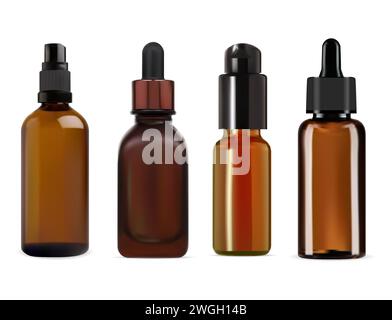 Tropfflasche für kosmetisches Öl. Braunes Glas Serum Essence Durchstechflasche. Realistisches Design des Pipettenkolbens. Medizin-Kollagenflasche mit Augentropfen. Schönheit PR Stock Vektor