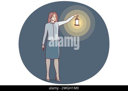 Eine Frau in Business-Kleidung hält sich mit einer alten Öllaterne an der Hand, um den Raum in einem dunklen Raum zu beleuchten. Ein Mädchen mit hohen Absätzen läuft bei Nacht mit Retro-Lampe. Flaches Vektordesign Stock Vektor