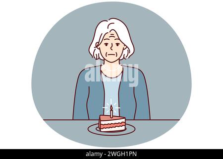 Eine einsame ältere Frau sitzt am Tisch mit einem Stück Kuchen mit Kerze und leidet an der Abwesenheit von Verwandten und Freunden. Unglückliche Großmutter feiert Geburtstag allein und braucht Unterstützung. Flaches Vektorbild Stock Vektor