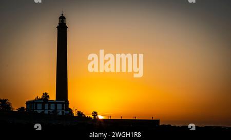 Sonnenaufgang über Playa de Maspalomas, schöner gelb-orangener Himmel, Palmen, ruhiges Meer Stockfoto