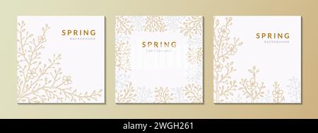 Set aus quadratischen Frühlingshintergründen mit goldenen und silbernen Sakura-Zweigen in Blüte. Elegante Grußkarte, Hochzeitseinladung, Social Media Post templat Stock Vektor