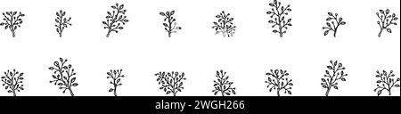 Frühlingsblühende Umrisse Ast Set. Schwarz-weiße handgezeichnete, minimalistische Symbole für blühende Pflanzen. Minimales modernes Designelement für Grußkarten, vermählt Stock Vektor