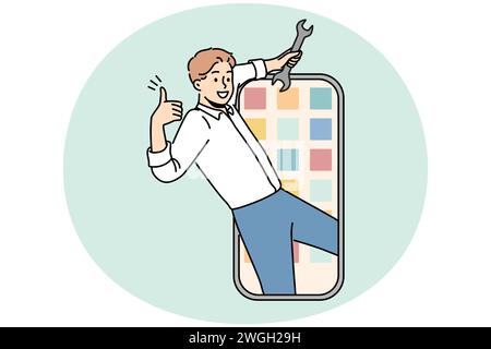 Lächelnder Mann mit Schraubenschlüssel in der Hand repariert Smartphone. Glücklicher Mechaniker oder Techniker repariert die Mobiltelefonanwendung. Technologiekonzept. Vektordarstellung. Stock Vektor