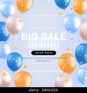 Großer Verkauf mit 3D-Ballons, realistischen Luftballons, Sternen und Konfetti. Banner mit Sonderangebot, festliches Shop-Konzept. Vektorabbildung Stock Vektor