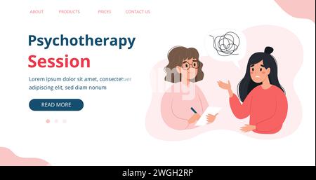 Psychotherapie-Sitzung - Frau im Gespräch mit Psychologin. Banner oder Landing-Page-Vorlage für psychische Gesundheit, Vektordarstellung in flacher Form Stock Vektor