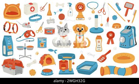 Ein Set von Elementen für die Tierpflege. Katze und Hund, lächelnde Charaktere. Zubehör, Spielzeug, Pflege, Lebensmittel. Eine Illustration des flachen Vektors, die auf einem weißen bac isoliert ist Stock Vektor