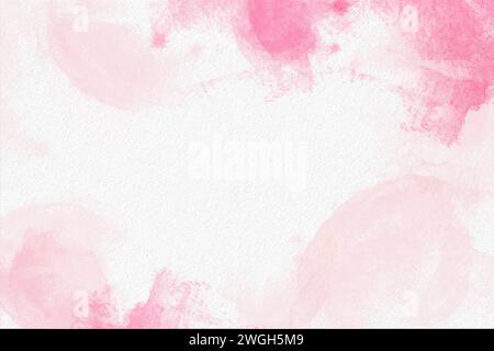 Sanfter lila und rosa Aquarellhintergrund mit abstrakten Pinseltexturen und hellem zentralen Raum. Stockfoto