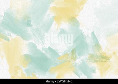 Weicher abstrakter Aquarellhintergrund in Pastellgelb und Petrol mit strukturierten Pinselstrichen. Stockfoto