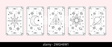 Tarotkarten-Karten-Set. Esoteric Elements Kollektion auf Weiß. Magische Symbole minimalistische Symbole. Handgezeichnete Vektordarstellung Stock Vektor