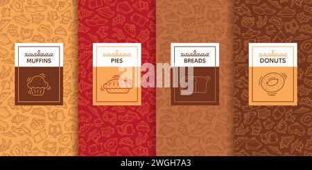 Bäckereietiketten. Bäckereimuster. Kaffeebrot, Cookie-Logo, Konditorei-Etikettenrahmen für Süßwarenmenü, Süßweizen-Bagel. Flyer-Design, Menüeinband. Köstliche Mehlprodukte. Vektorhintergrund Stock Vektor