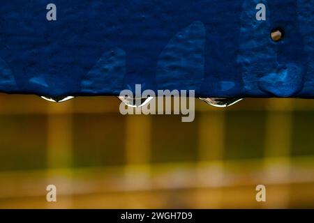 Horizontale Makroaufnahme von Regentropfen, die von einem blauen Zaunstreifen tropfen, unscharfer gelb-grüner Hintergrund mit unscharfen weißen Gittern Stockfoto