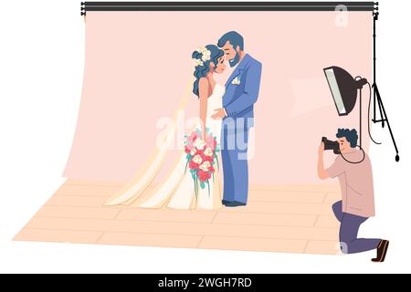 Familienfoto. Hochzeitsfotos. Fotostudio. Fotograf, der Bilder von küssenden Paaren macht. Glückliches Brautpaar. Romantisches Fotoshooting. Professionelle Ausrüstung. Kamera und Lichtlampe. Vektorkonzept Stock Vektor