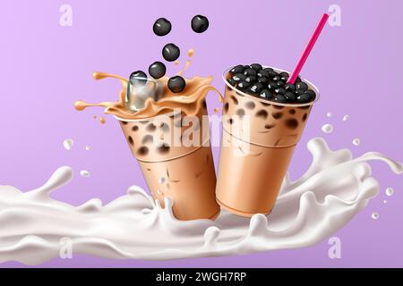 Bubble Tea. Boba-Perlen und Milch in Bewegung, Tapioka-asiatisches köstliches Getränk, fließende Eiswürfel, kalte Sommergetränke im Plastikbehälter. Realistische isolierte Elemente. Illustration der Vektorwerbung Stock Vektor