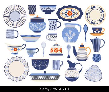 Küchenkeramik. Essgeschirr. Gemusterte Gerichte. Porzellanbecher oder -Kanne. Tischgeschirr Ornament. Schüssel und Teller. Küchenlöffel für den Haushalt. Teekanne und Glasbecher. Geschirr im Café. Vektor Cartoon Geschirr Set Stock Vektor