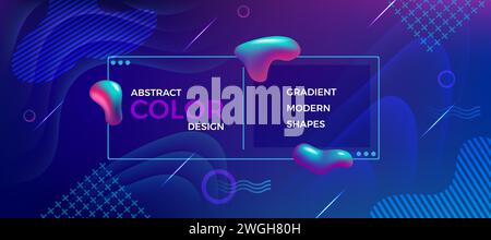 Abstrakter blauer Hintergrund. Verlaufende moderne Formen. Geometrische 3D-Farbgrafik. Digitales Poster. Memphis-Banner. Minimale Formulare auszeichnen. Kurvenfluidblöße. Präsentationsrahmen. Layout des Vektordesigns Stock Vektor