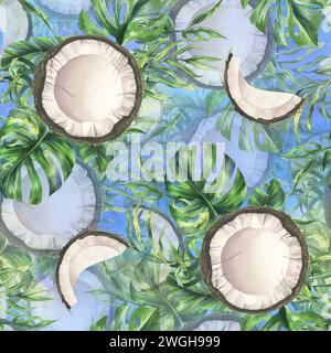 Kokosnüsse ganz, Hälften und Stücke mit hellen, grünen, tropischen Palmenblättern und gelben Plumerieblättern. Handgezeichnete Aquarellillustration. Nahtlos Stockfoto