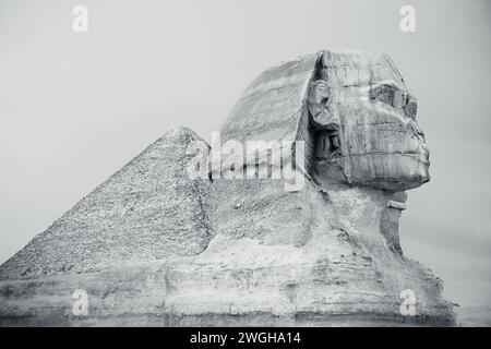 Die Sphinx und Pyramide Kairo, Ägypten in Schwarzweiß-Foto. Die große Sphinx von Gizeh in der Nähe der großen Pyramide, das älteste der sieben Wunder des W Stockfoto