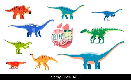 Cartoon süße und lustige Dinosaurier-Charaktere. Paläontologie ausgestorbene Reptilien. Camptosaurus, Lufengosaurus, Psittacosaurus und Arrhinoceratops, Coloradisaurus, Bagaceratops Dinosaurier Vektorfiguren Stock Vektor