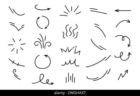 Bewegungslinien und Pfeilkurven für Zeichentrickeffekte, Vektorsymbole. Abstrakte Symbole für Wind-, Feuer- oder Wellenbewegungen, wellige, runde oder spiralförmige Kritzeleien von Sonnenschein Stock Vektor