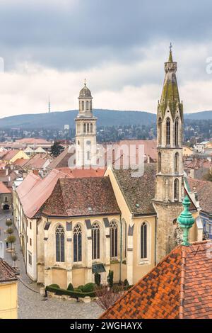 Der Hauptplatz in Sopron Stadt, Blick von oben vom Feuerwachen Turm, Ungarn, Europa. Stockfoto