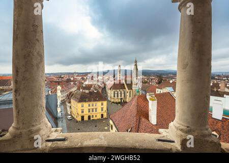 Der Hauptplatz in Sopron Stadt, Blick von oben vom Feuerwachen Turm, Ungarn, Europa. Stockfoto