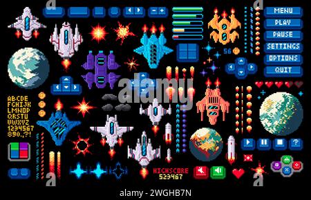 8-Bit Arcade Space Pixel Game Asset, Invasoren und Asteroiden, Planeten und Raumschiff, Alien und Sterne, Feuer- und Explosionsvektor im pixeligen Retro-Stil. Schaltflächen im Menüfeld, Symbole für 2D-Videospiele Stock Vektor