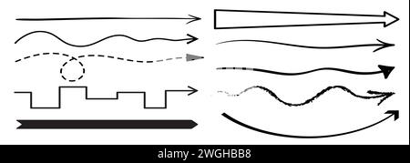 Gerade lange Pfeile isolierter Vektorsatz. Einfarbige Zeigezeichen, Kurven-, gewellte, gepunktete und grungy Zeiger oder Cursor erzeugen eine dynamische visuelle Wirkung für Richtung und Bewegung Stock Vektor