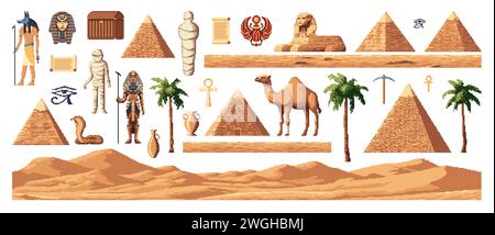 Retro 8 Bit Pixel Art Ägypten Arcade-Spielelemente, Pyramiden und Götter, Vektorelemente. Ägyptische Mumie und Sand, Palmen und Sphinx mit Scarab und Kobra oder altägyptische Symbole für 8-Bit-Arcade-Videospiel Stock Vektor