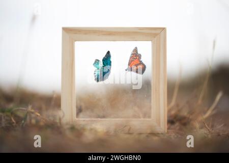 Surreale Begegnung zwischen zwei Schmetterlingen spaltet sich von einem Glas eines Rahmens, Lebenskonzept Stockfoto