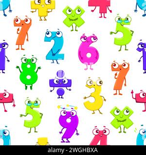 Comic lustige Mathe-Zahlenfiguren nahtloses Muster. Stoff oder Tapete, Geschenkpapier Vektordruck mit Mathematikzahlen, Kinder Bildungsziffern oder Schulmathematik numerischen Symbolen niedliche Persönlichkeiten Stock Vektor