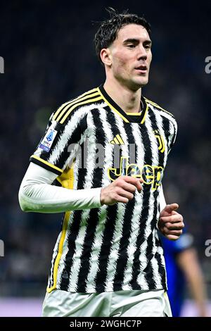 Juventus' serbischer Stürmer #9 Dušan Vlahović während des italienischen Fußballspiels der Serie A Inter Mailand und Juventus FC im San Siro Stadion in Mailand, Italien am 4. Februar 2024 Credit: Piero Cruciatti/Alamy Live News Stockfoto