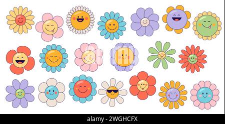Retro-groovige Gänseblümchen Sonnenblume süße glückliche Blumenfiguren. Vintage und funky Blumen, süße Kamille glücklich lächelnde Gesichter in Sonnenbrille isoliert Vektor Cartoon Personages Set Stock Vektor