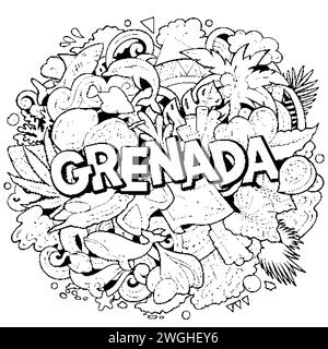 Vektor lustige Kritzelillustration mit Grenada Thema. Lebendiges und auffälliges Design, das das Wesen der nordamerikanischen Kultur und Traditionen widerspiegelt Stock Vektor