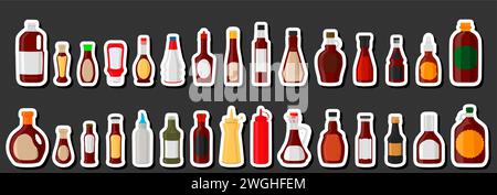 Illustration zum Themenkit verschiedene Glasflaschen gefüllte flüssige Soße Barbecue, Flaschen bestehend aus Soße Barbecue, leere Etiketten für Titel, Soße Ba Stock Vektor