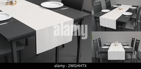 Leere weiße Tischläufer- und Schüsseln-Modell, Innenhintergrund, 3D-Rendering. Leerer Serviettenschutz auf Oberflächenmodell. Durchsichtiger Stoffvorhang Stockfoto