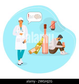 Der Arzt verbot den Gebrauch von Alkohol traurigem Mann. Alkoholismus-Problem-Vektor-Illustration. Ungesunde Lebensweise. Alkoholisch. Schädliche Gewohnheit. Alkoholsucht Stock Vektor