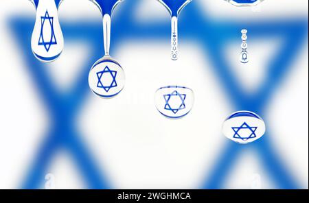 Die Folge eines Tropfens Wasser, das abtropft, spiegelt sich in der Flagge Israels wider Stockfoto