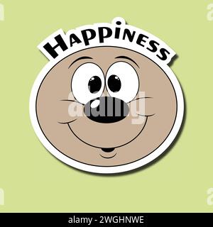 Happy Face Sticker. Fröhliches Emoticon. Lächelnde Zeichentrickfigur. Aufkleber mit der Inschrift Happiness Stock Vektor