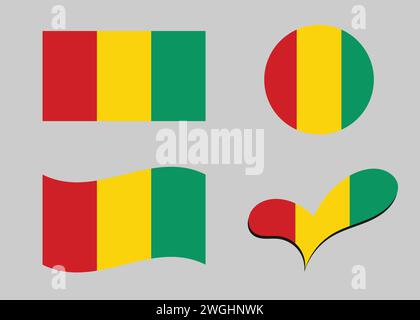 Flagge von Guinea. Guinea-Flagge in Herzform. Guinea-Flagge in kreisförmiger Form. Varianten der Landesflagge Stock Vektor